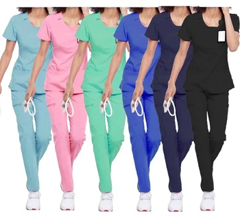 Vadulyer Fashionable Stretchable Women Scrubs Top And Pants Medical Uniform Short Sleeve Scrubs Sets