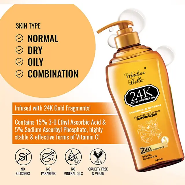 Custom Logo 24K Pure Gold Shower Gel Smooth Skin Whitening Body Wash Women Fragrance Shower Gel 24K Gold Shower Gel