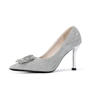 Classy Women's Comfortable Summer Silver Glitter Fabric Slip-On Pointed Toe Stiletto Heel Pumps Rhinestone Buckle for Wedding