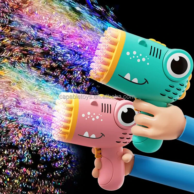 Outdoor Dinosaur Bubble Gun Toy 40 Holes Fully Automatic Bubble Machine Gun Handheld Electric Bubble Maker for Kids Adults Play