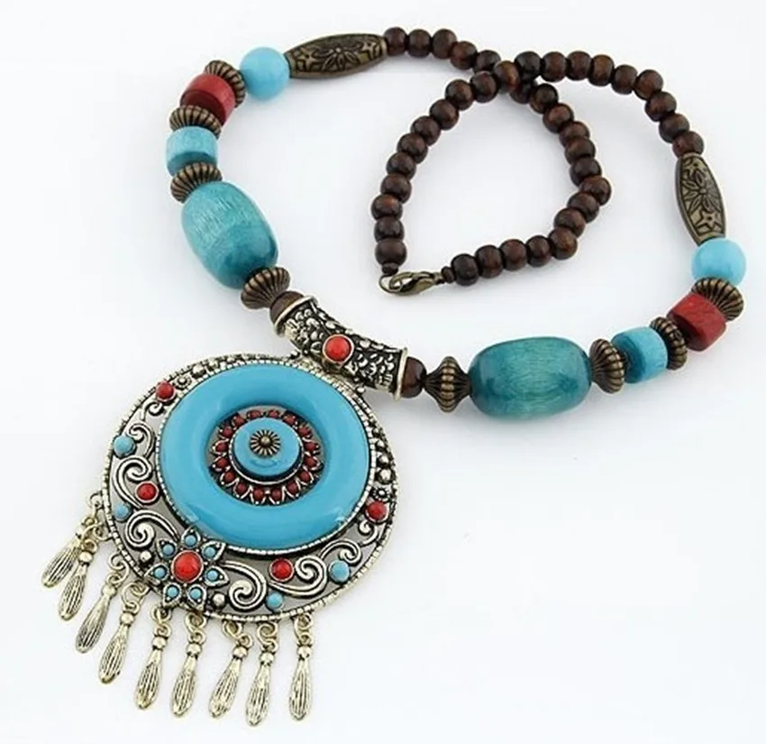 Vintage Bohemian Teal & Green beaded necklace with silver pendant