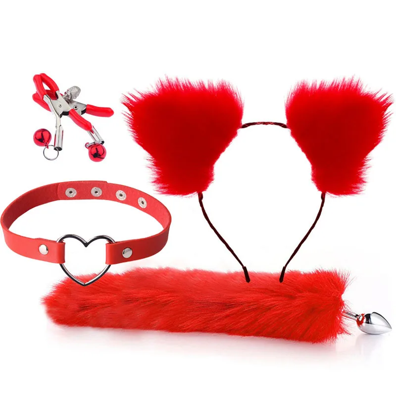 4pcs Cat Ears Headband Fox Tail Anal Plug Bdsm Bondage Set Adult Sex Toys For Woman Couples 