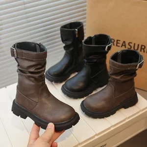 Autumn New Retro Girls' Pile up Mid Top Boots Fashionable Maillard Boots Thick Soled Princess Casual Shoes