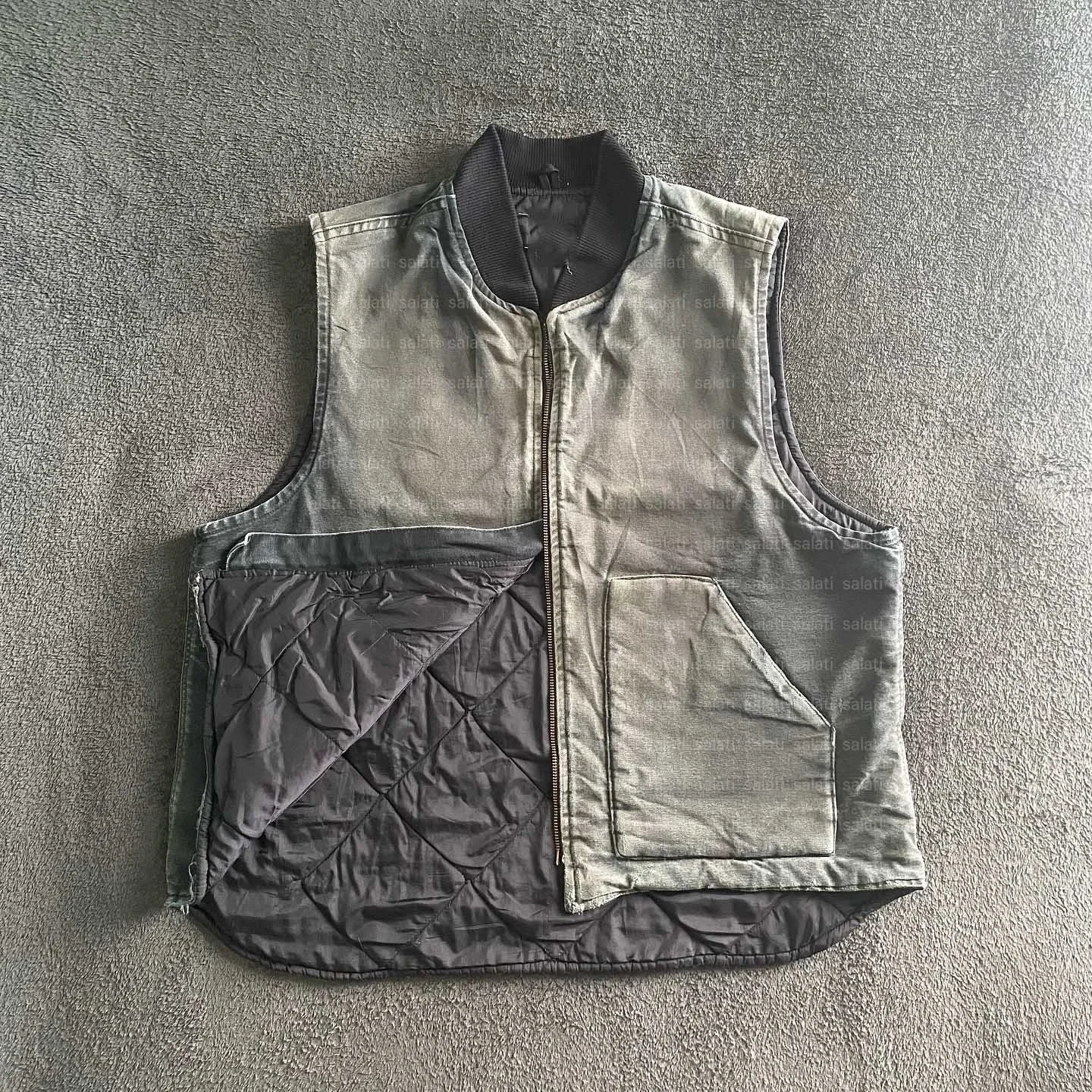Salati Custom Winter Quilted Lined Acid Wash Vintage Sleeveless Cargo Carpenter Workwear Worker Vest Work Jacket Men