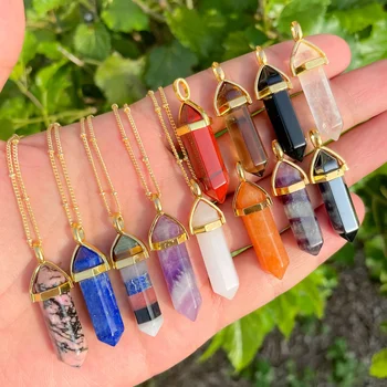 Wholesale Assorted Charms Natural Amethyst Crystal Stone Hexagon Point Pillar Pendulum Pendant for DIY Jewelry Making