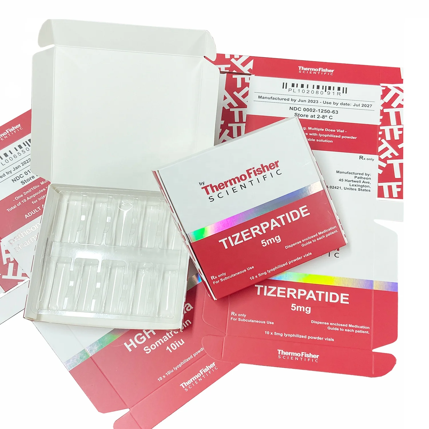 Կարմիր հոլոգրաֆիկ թերթիկ G.H 191a 2 մլ փոքր շիշերի համար ստվարաթղթե ներկայացման հավաքածու՝ պարզ պլաստմասսայե սառցախցիկ և անհատականացված պեպտիդների պիտակներ