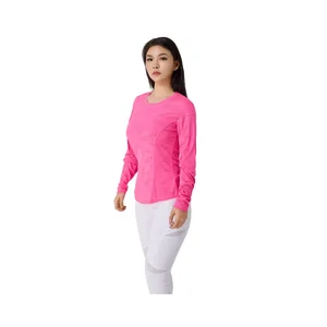 Women's Breathable Long Sleeve Yoga Sports Top with Front Logo Elegant Pink Printed Round Collar Yoga Wear