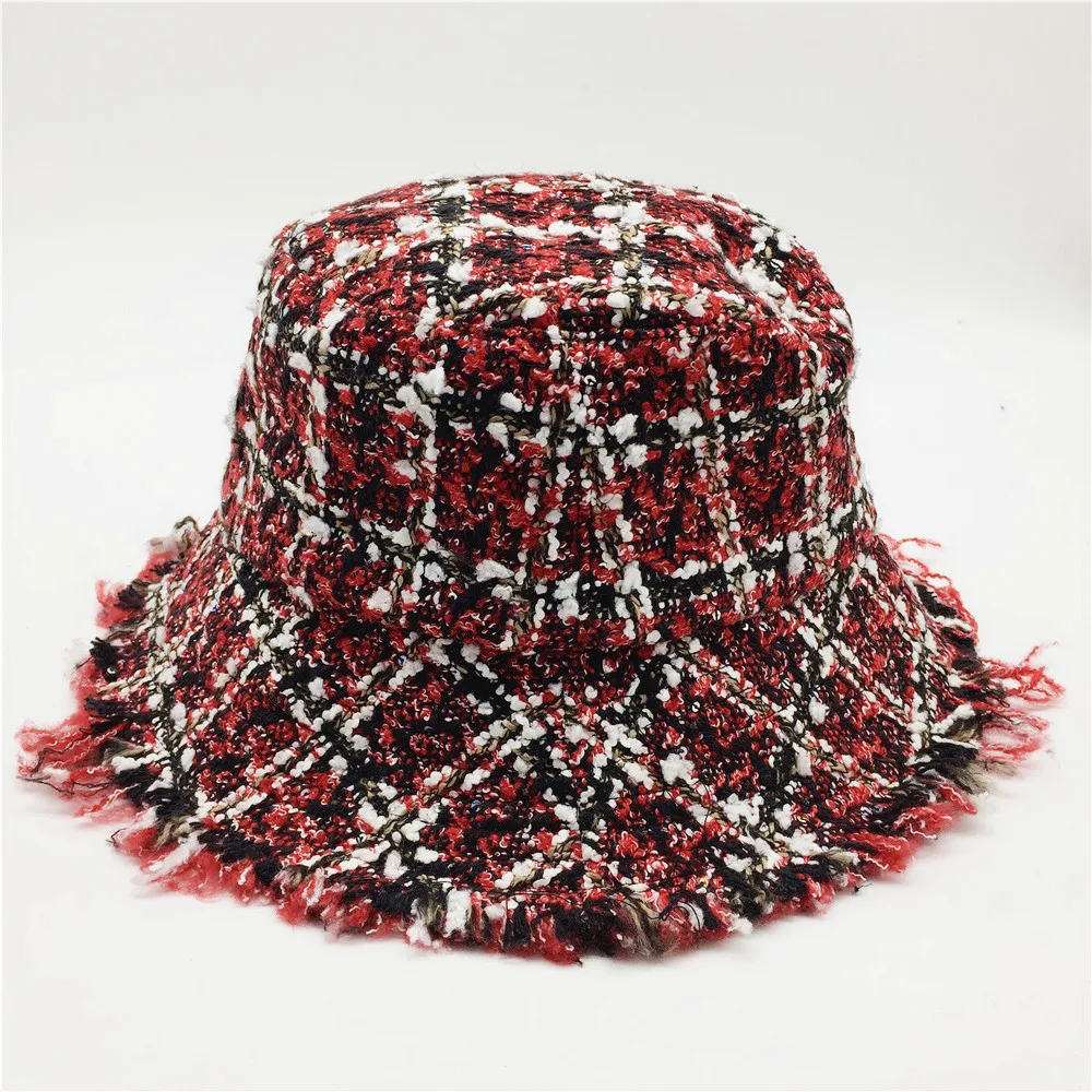 Sequins Women Plaid Tweed Bucket Hat 