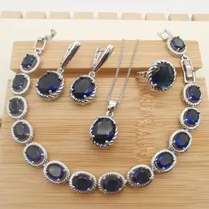 European American Style Four-Piece Jewelry Set Cross-Border Supply Blue Crystal White Stone Necklace with Temperament Earrings