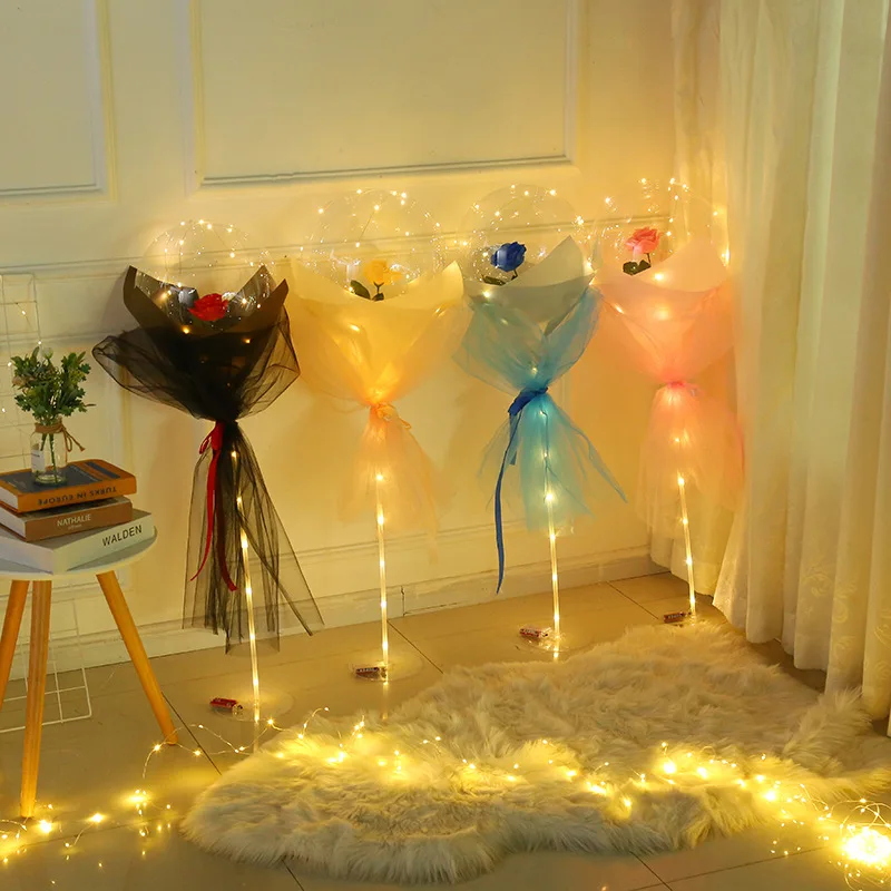 2022 Valentines Day Gifts Artificial Flowers Bouquet Led Balloons Clear Inside Bobo Balloon with Led Lights