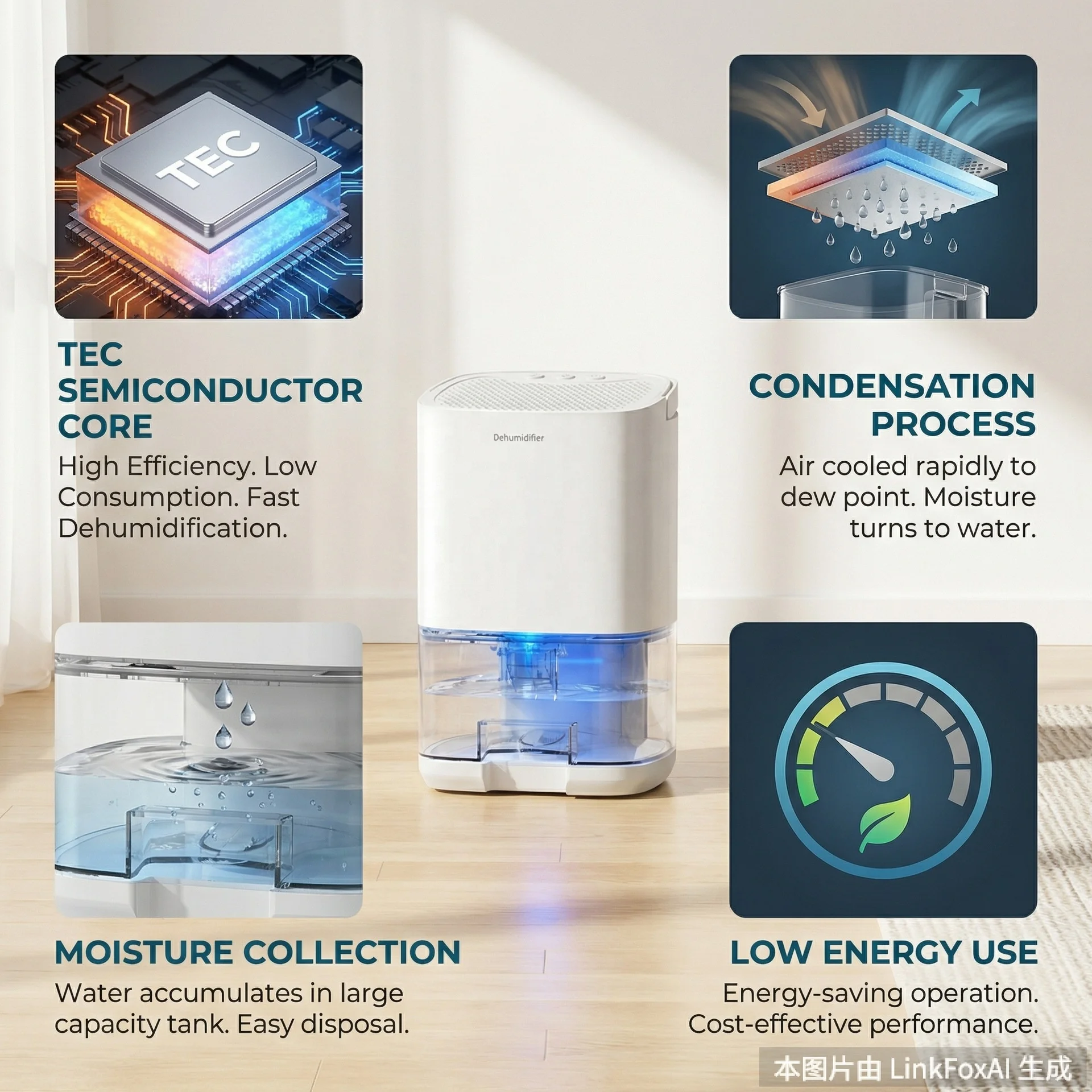 Compact Electric Dehumidifier with Removable Water Reservoir Low-Noise Operation Auto Shut-Off Ideal for RVs Dorms Offices 5