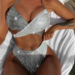 Hot Selling Women Plaid Two Tone Wrap Cross High Waist 2 Pieces Bikini Swimsuit