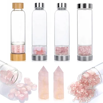Amazon Factory Elixir Water Bottle for Gemstone Healing, Rose Quartz Chip Tumbled Stone Glass Water Bottle, Crystal Water Bottle