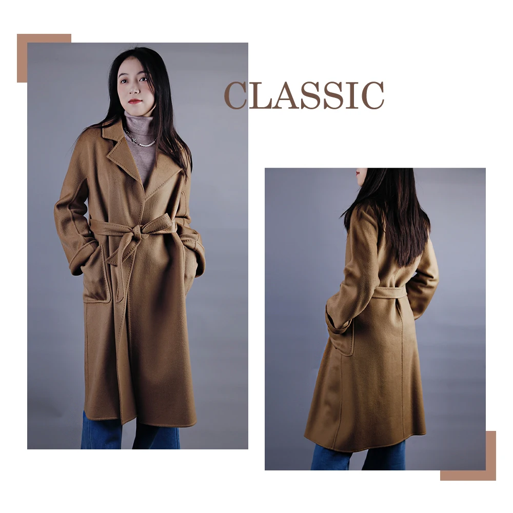 High Quality Solid Cashmere Coats for Women Elegant Luxury Blend Trench Coat Belted Solid Color Elegant Overcoat