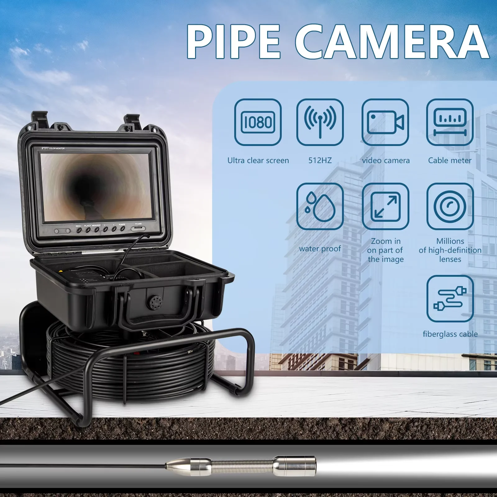 9Inch Drain Pipe Inspection Sewer Camera  512HZ Sonde Self Leveling Industrial Endoscope 23 mm Head Sewer Pipe Camera with Locator