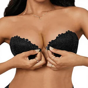 GORGLITTER Women's Gothic Strapless Push-Up Front Fastening Underwire High Support Scalloped Cross Back Lace Bra