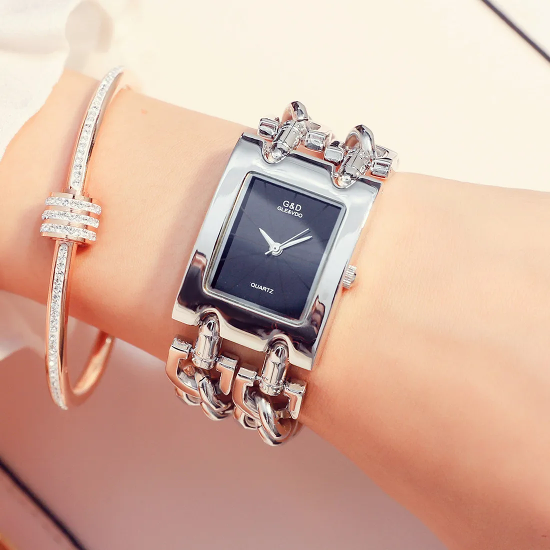 Orologio da Polso da Donna GLE&VDO G0230, di Lusso e alla Moda con Doppio  Bracciale, Movimento al Quarzo e Cassa Rettangolare