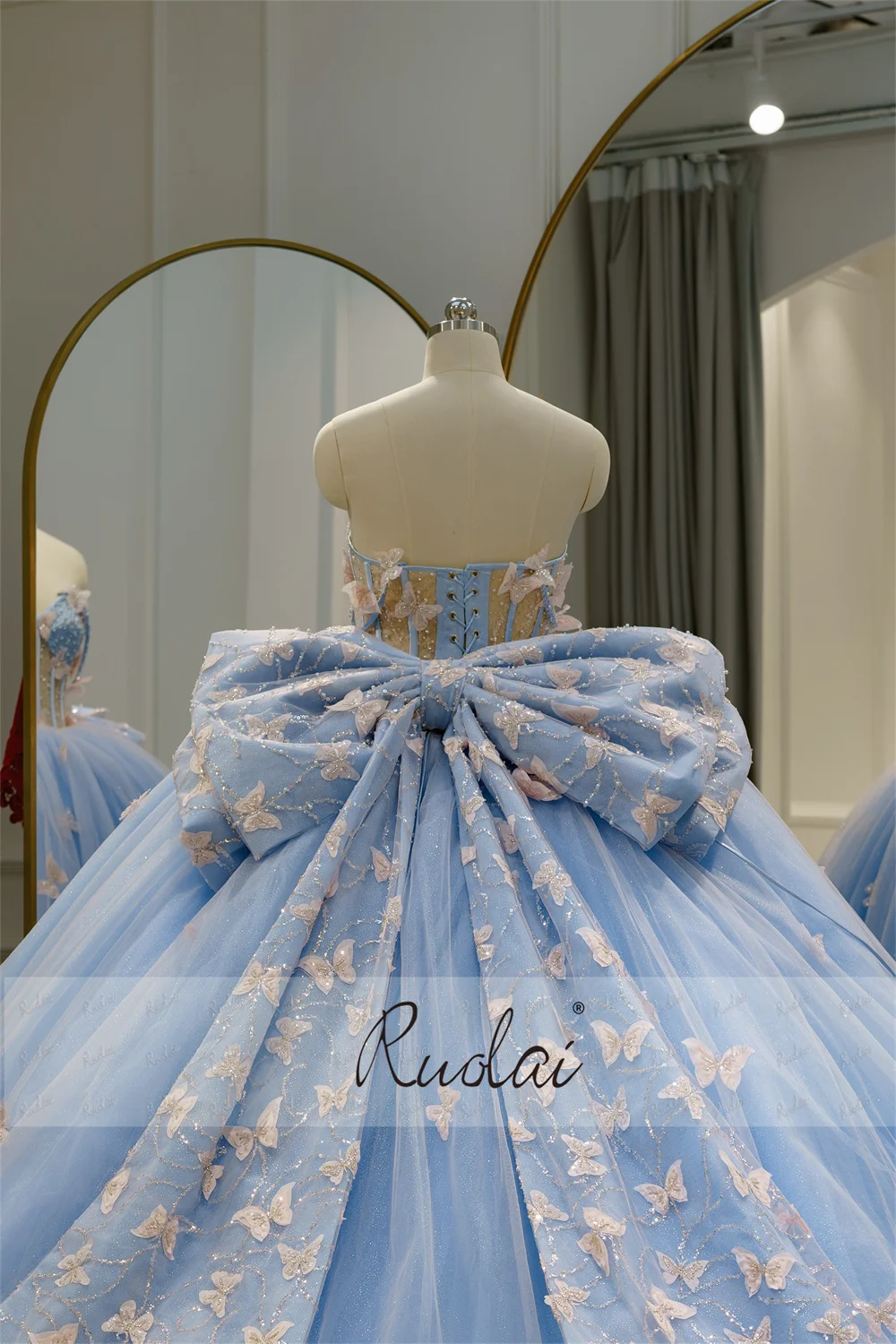 Ruolai LWC6727 Dreamy Royal Blue Sweetheart Quinceanera Dress Butterfly  Ball Gown Evening Dress With Back Bow