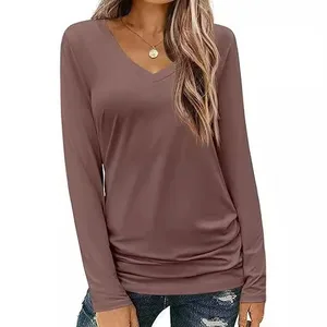 Spring Women's Long Sleeved V-neck Casual Loose T-shirt