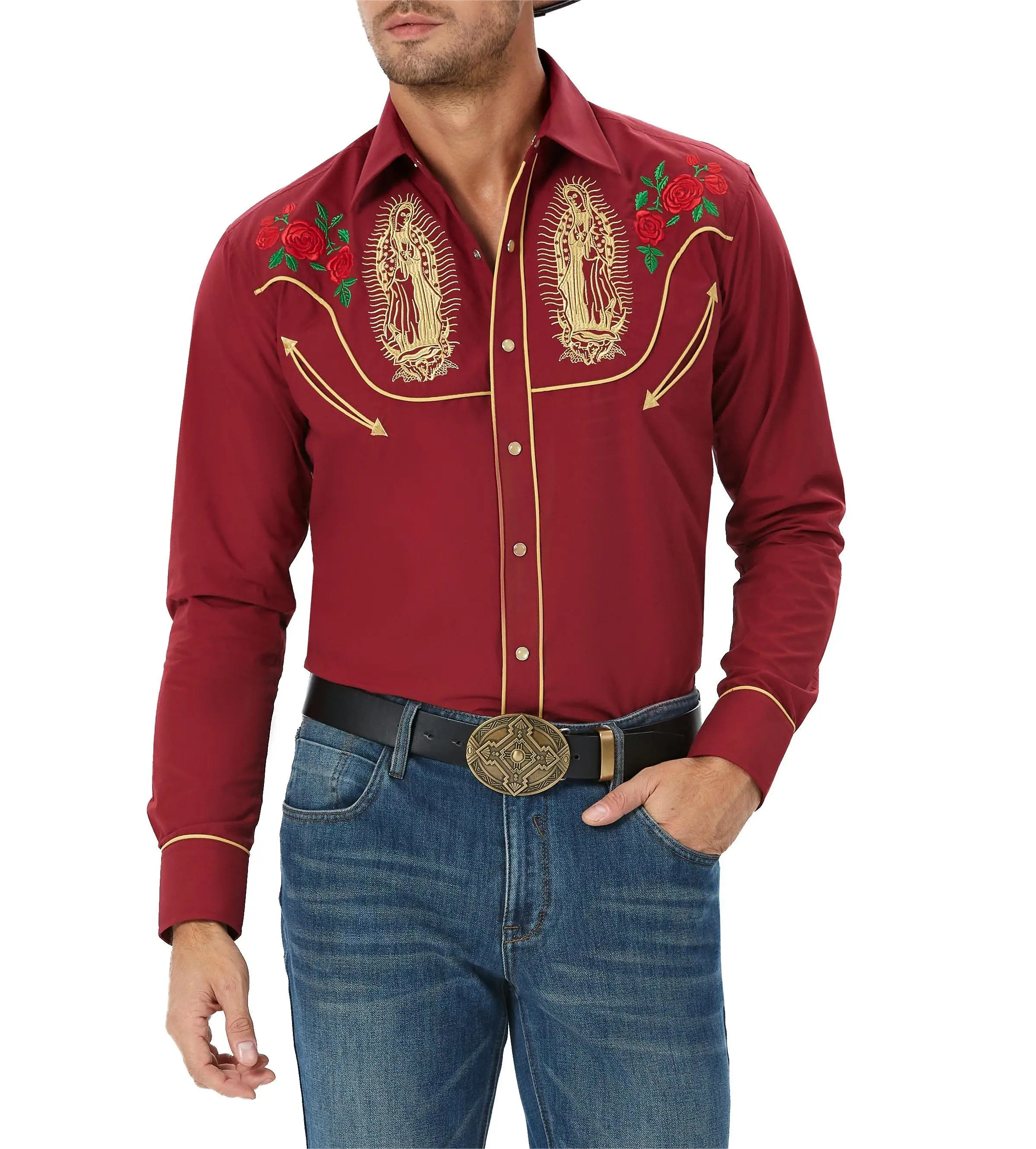 Chemise Western Denim Homme – Manches Longues, Col Contrasté, Taille M, Bleu, Occasion