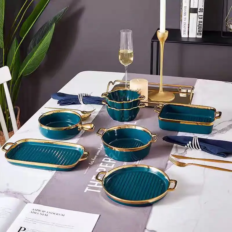 Luxury Ceramic Phnom Penh Dinner Plate Salad Steak Plate Binaural Baking Pan Dish Soup Bowl Single Handle Bowl Kitchen Tableware