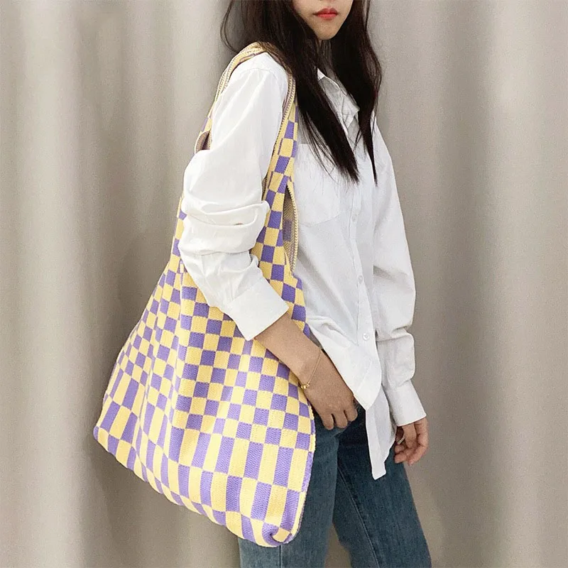 Checkered Knitted Tote Bag,Women Cute Aesthetic Shoulder Bag Large Boho Bag  for Shopping School Work Bag