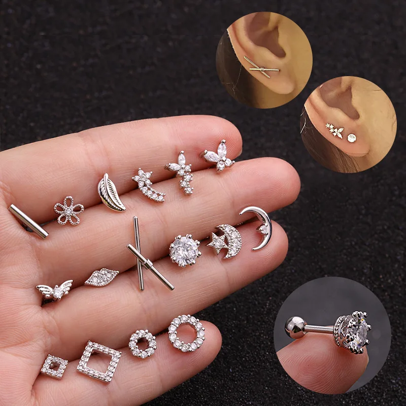New Moon Zircon Earring Piercing Screw Steel Earring Tragus Piercing Jewelry 