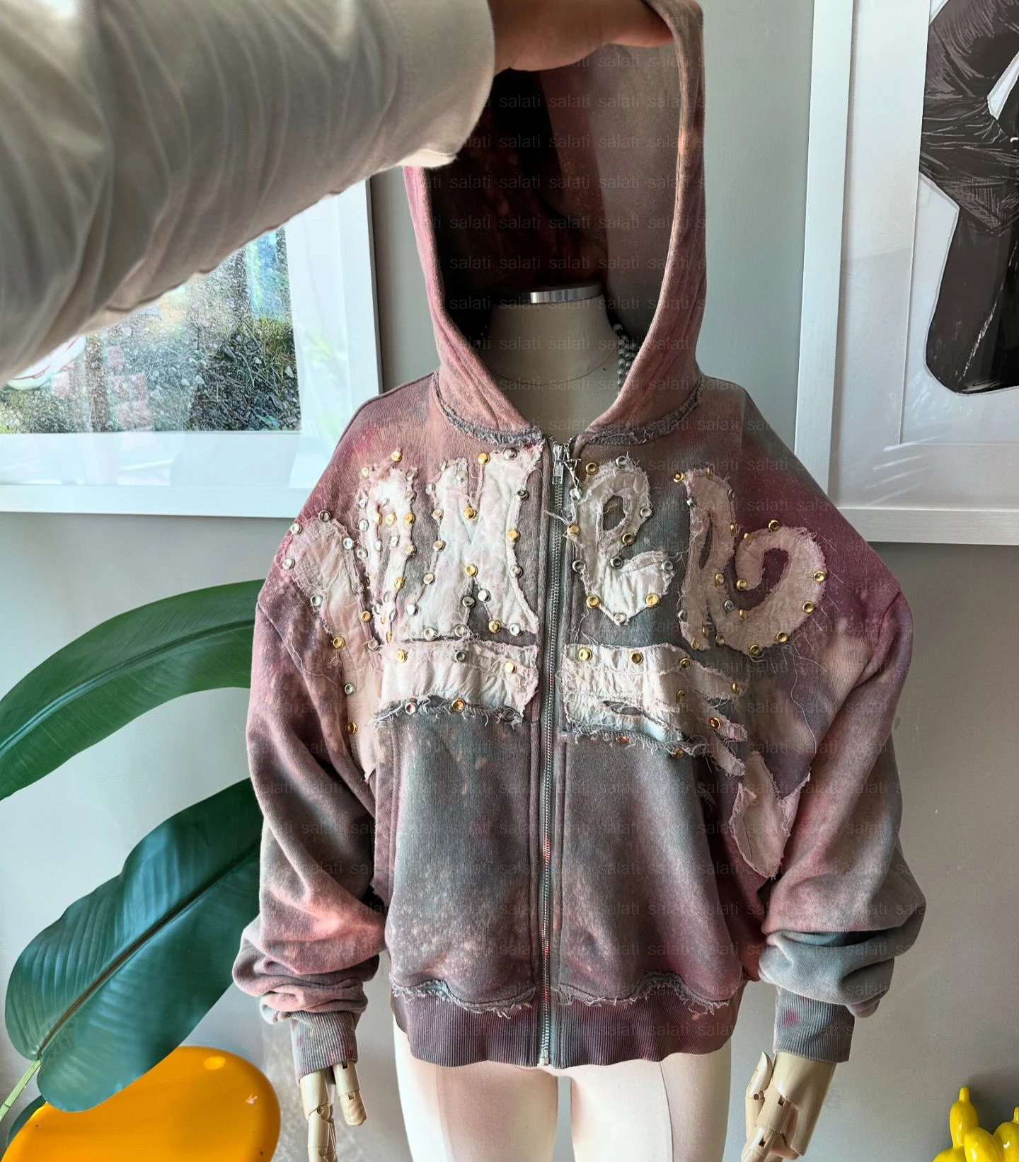 Salati Hoddies Custom Logo Cut and Sew Applique Patch Rhinestone Zip up Distressed Embroidery Acid Wash Sweatshirt Hoodie Men
