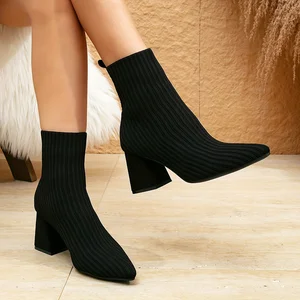 Elegant Custom Black Block Heel Ankle Boots Ladies High Heel Fly Knit Slip-on Women's Boot