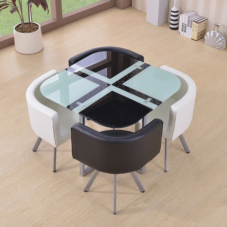 Dining Table and Chairs Set 4 Modern Glass Round Dining Kitchen Table and Faux PU Leather Chairs Dining Room Set