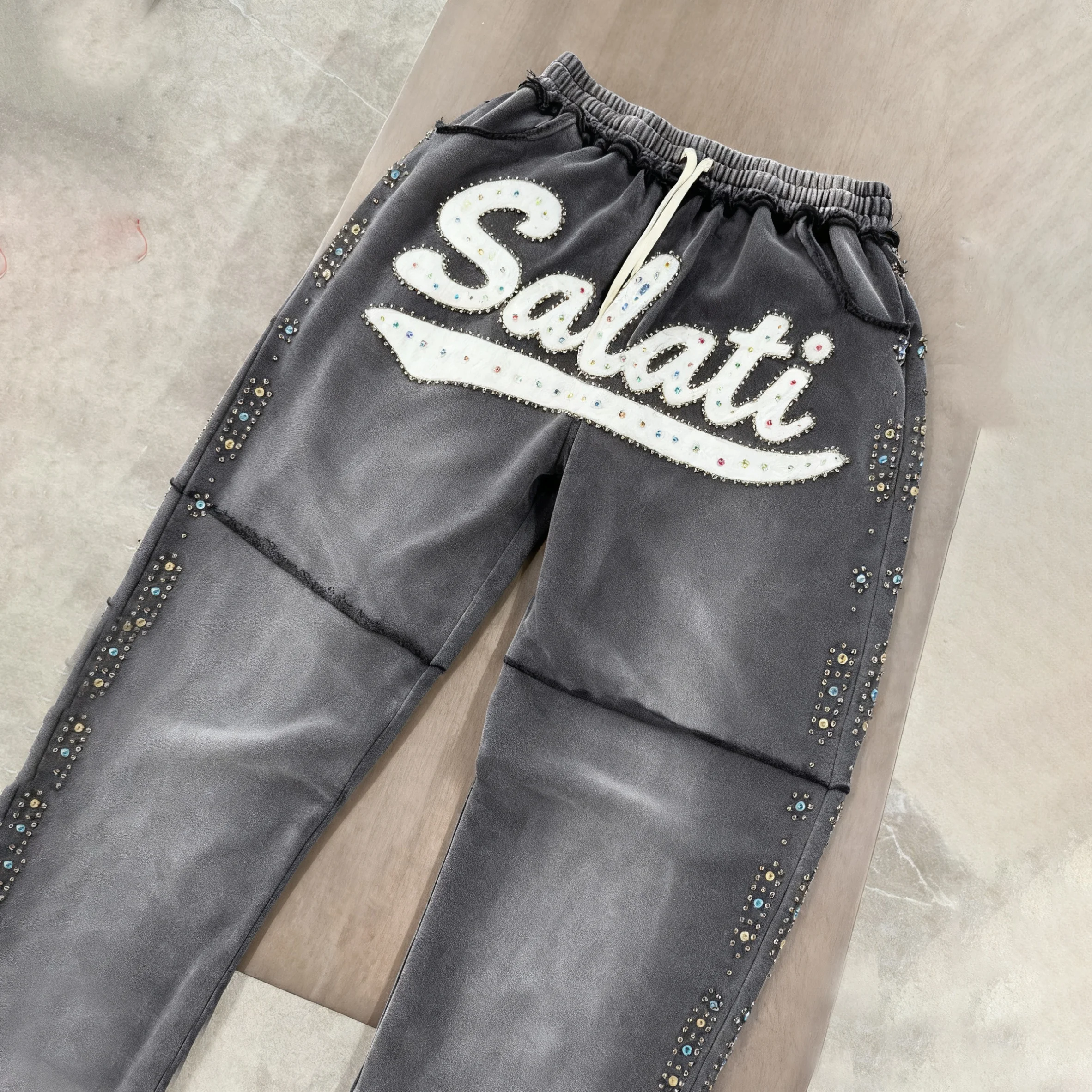 SALATI Manufacturer Custom Streetwear Rhinestone Heavy French Terry Cotton Distressed Wide Leg Casual Baggy Sweatpants for Men gallery 5