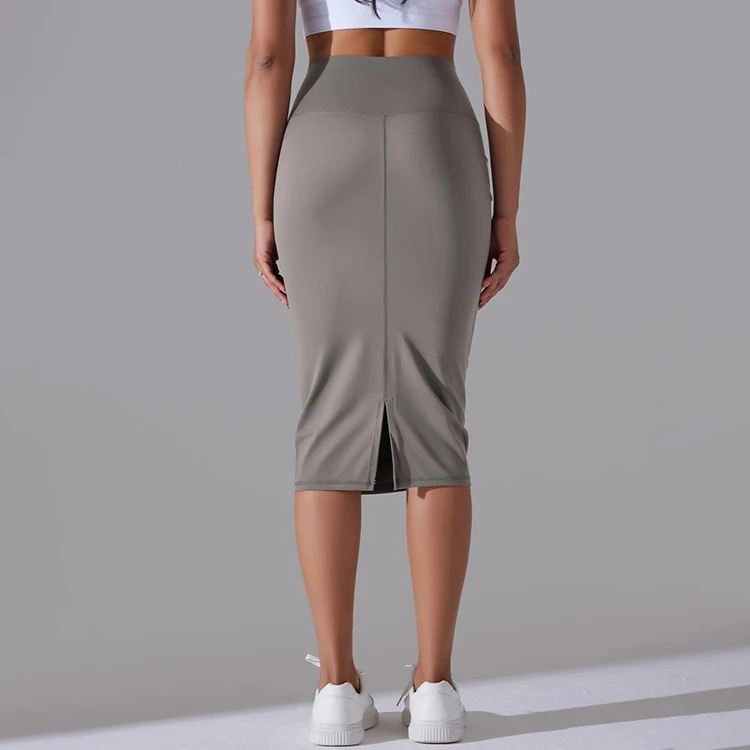 Women Girls Sexy Nude Feeling Mid-length Vent Package Hip Skirt Casual Solid Color High Waist Yoga Dress