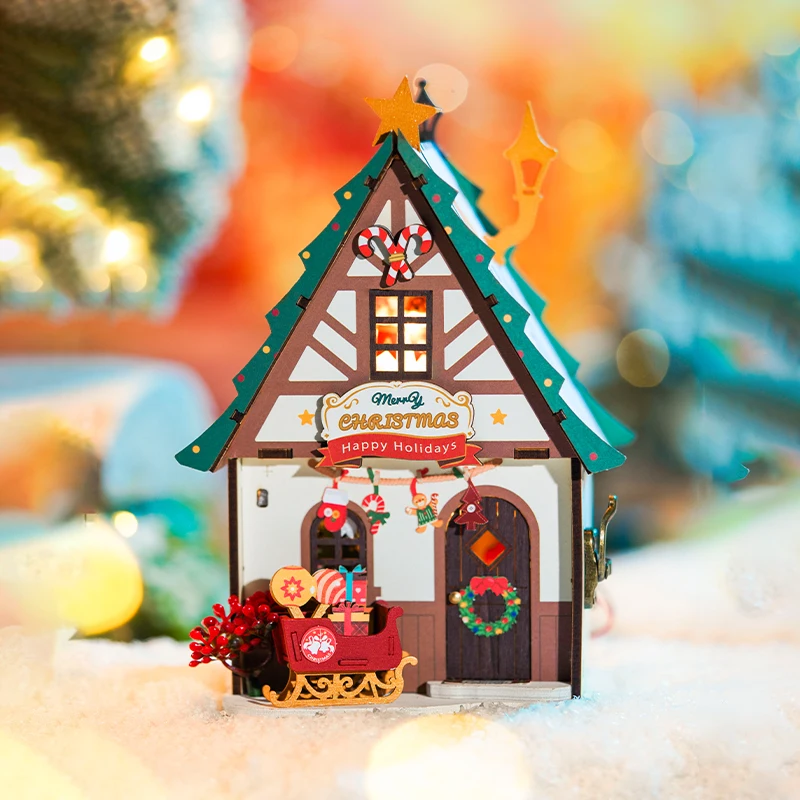 Robotime Rolife Christmas Gifts for Kids DS036 Twinkling Christmas House DIY Miniature Toys 3D Wooden Puzzles