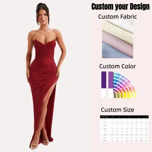 2026 Women's Red Strapless Fishbone Dress Sexy Slim-Fit Fishtail Long Solid Color Natural Waist Breathable Party for Summer