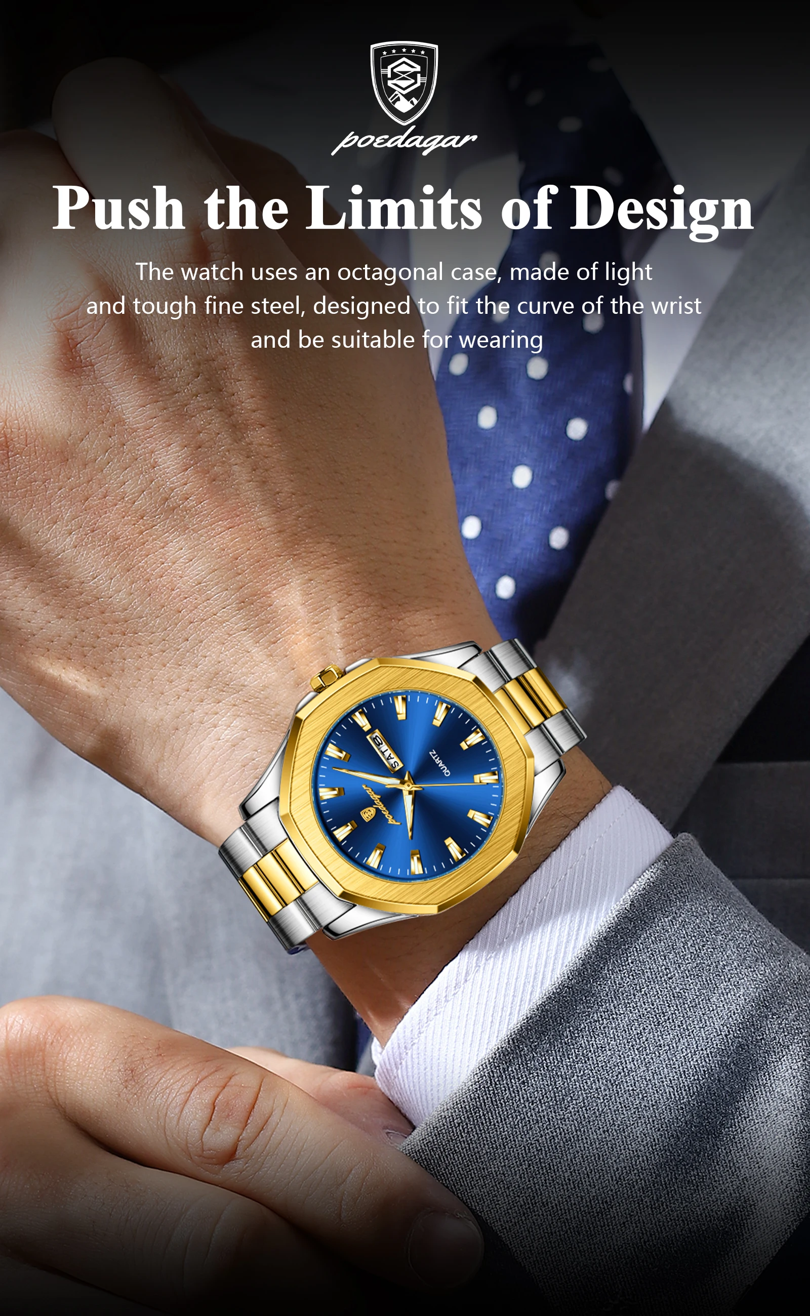 POEDAGAR 875 Men Waterproof Luminous Hands Watch Sport Stainless Steel Wristwatch Original Quartz Men's Dual Calendar Watches