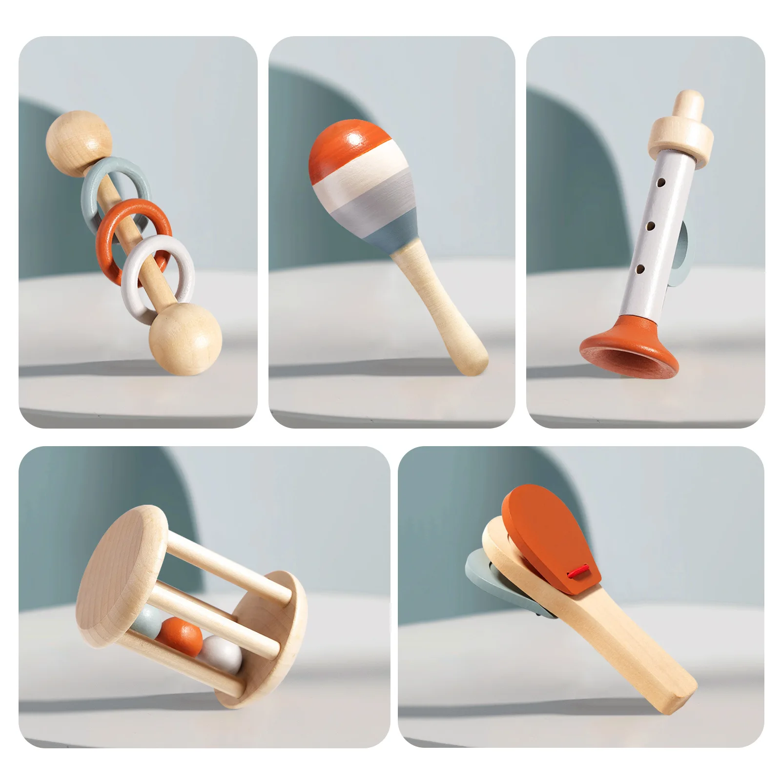 Baby Rasseln 3-teilig – Holz Regenstab, Maracas, Schwingtrommel, Sensorisches Spielzeug Für 0-12 Monate