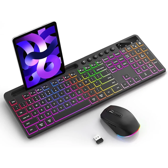 AMZ Hot Sale Full Size 114 Keys RGB Wireless Keyboard with Tablet Phone Holder Membrane Silent Rechargeable Keyboard and Mouse