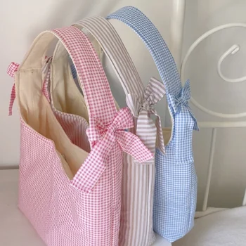 Customized Cute Pink Gingham Tote Bags Large Capacity Cotton Cosmetic Bags for Women and Girls