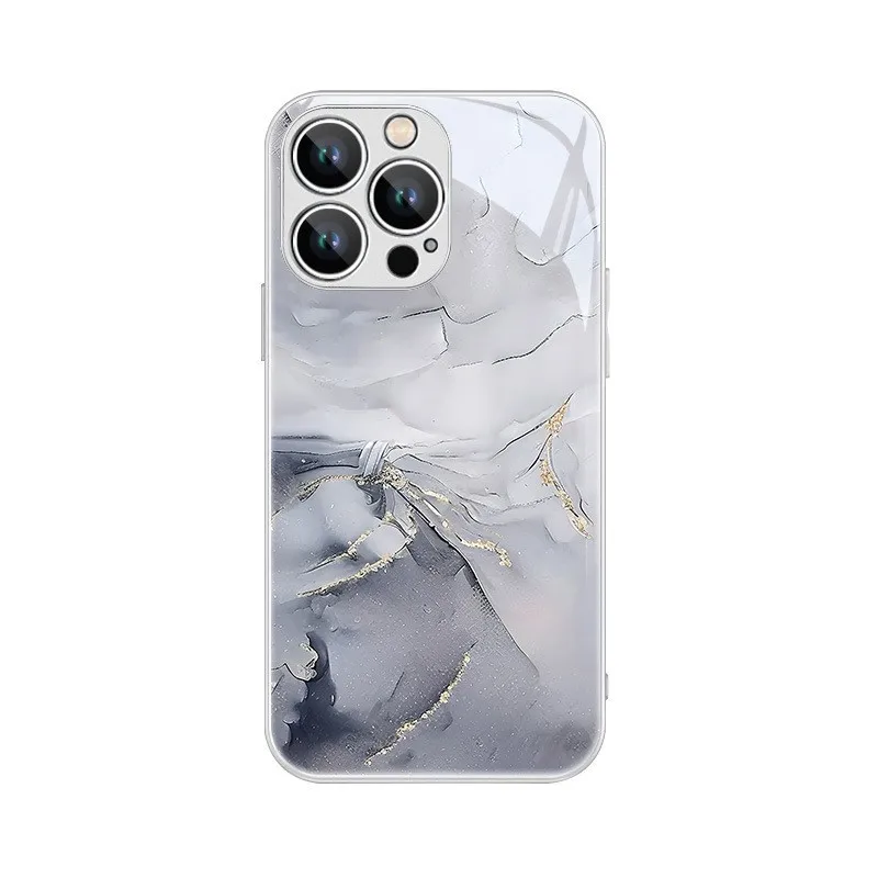 Glass Gilded Marble Texture Watercolor Bloom Mobile Phone Case For iPhone11 12 13 14 15 Pro Max Plus Ins Style Street Fashion