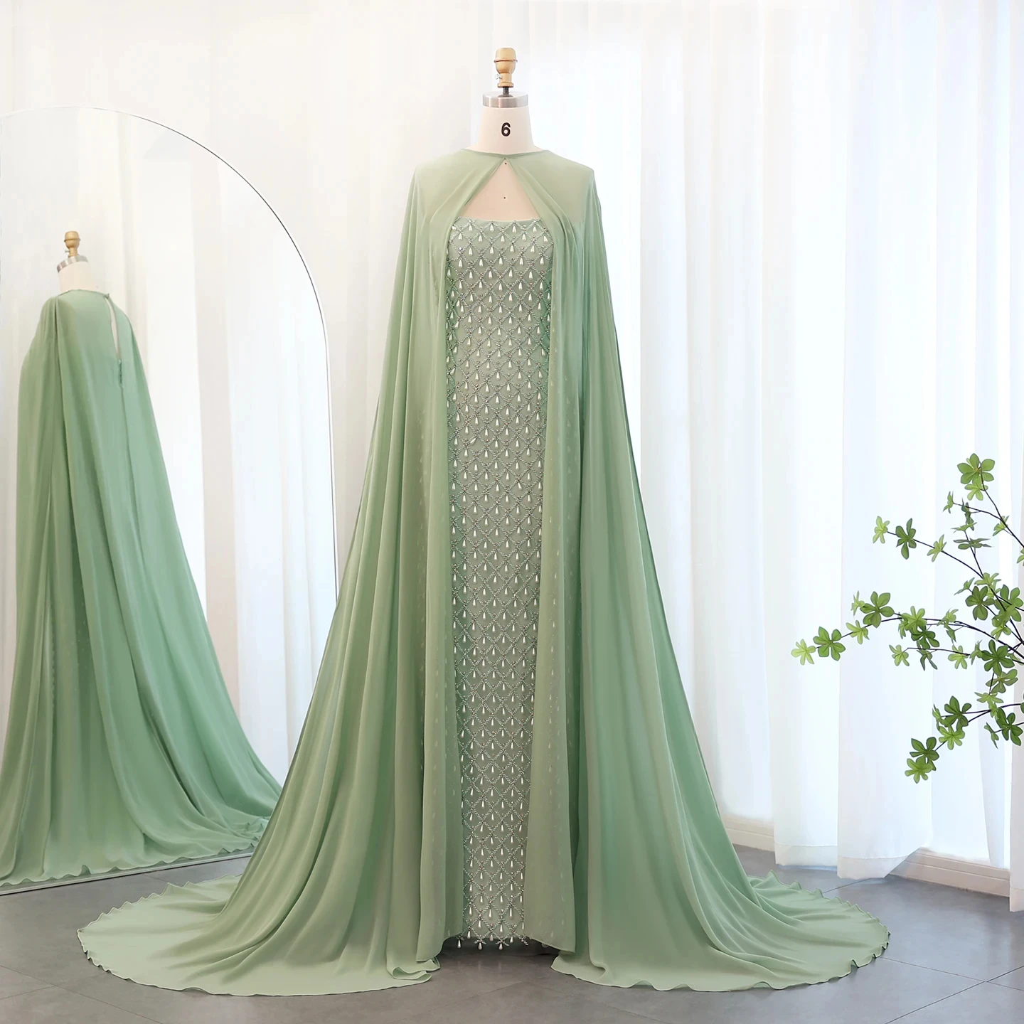 Mermaid Sage Green Evening Dress with Cape - Luxury Pearls