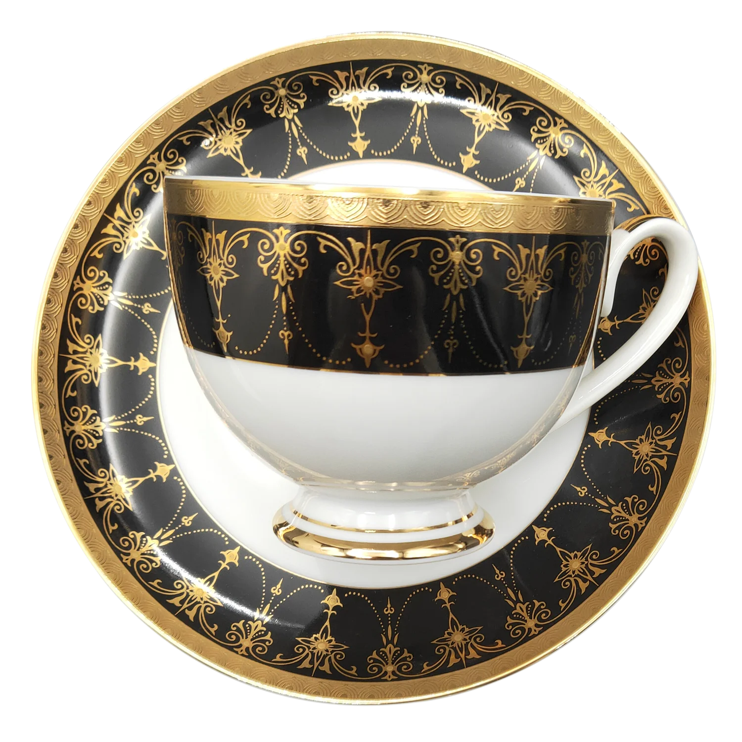 High Quality Embossed Gold Rim Design of Porcelain Plate Tableware Tea Set  of Black Color