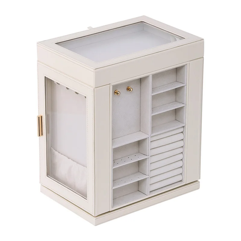 GREENSIDE Large Capacity Rotating Multi-Layer Jewelry Box with Transparent Window Leather Storage Organizer