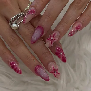 24 pcs Romantic Pink 3D Flower with Crystal Accents Press On Nails Artificial fingernails Customize false nails 3446