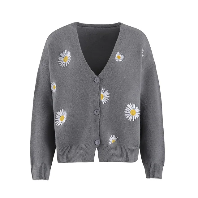 New Women's Autumn Chrysanthemum Embroidered V-Neck Sweater Coat Casual Single-Breasted Knitted from Cashmere for the Season