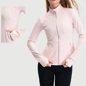 High Quality Sport Outfit Activewear Women Yoga Jacket Gym Fitness Long Sleeves Full Zip up pink Stand Neck with Zipper Pockets