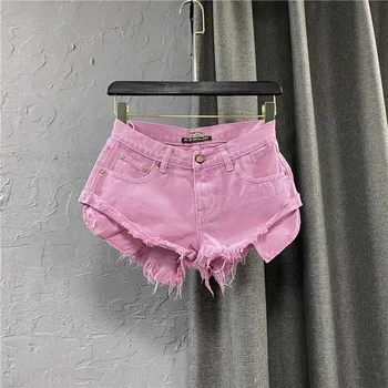 2024 new women's personalized low-rise denim shorts with pockets exposed wide leg hot pants A-line pants