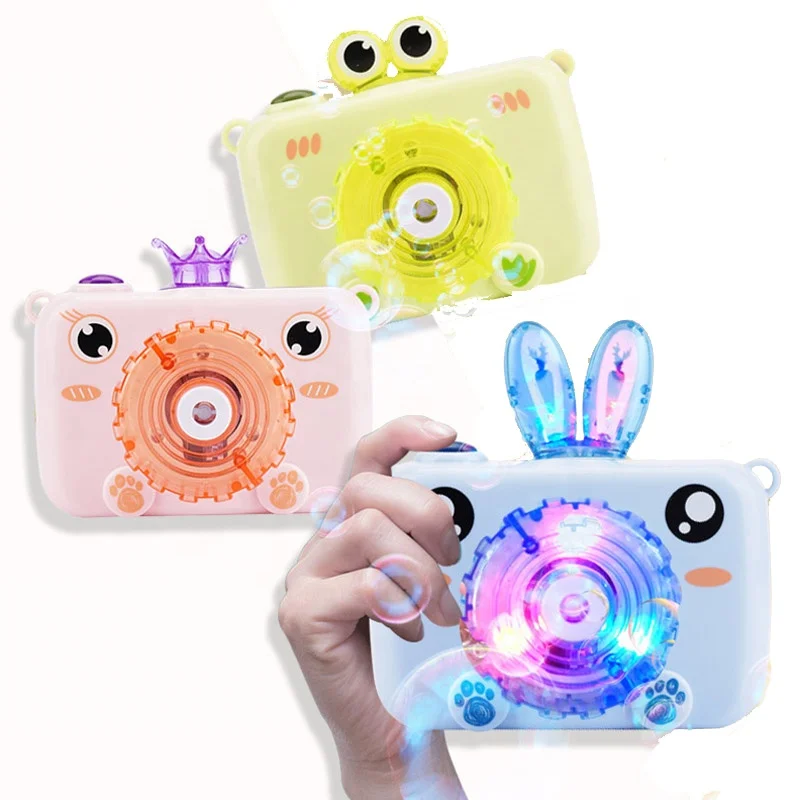 Hot Selling Summer Battery Operated Camera Electric Imperial Crown Frog Rabbit Bubble Machine Toy with Light and Music for Kids