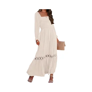 Women's Boho Chic Maxi Dress Long Sleeve Square Neck Empire Waist Flowy Casual Summer Solid Woven Chiffon Front Lace Anti-Static