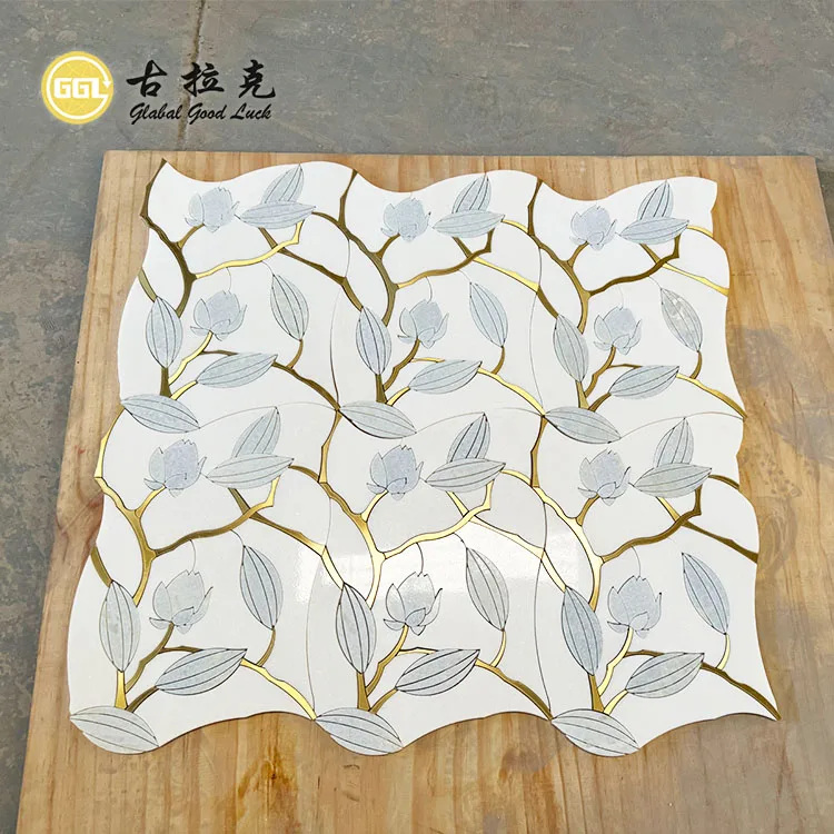 Polished  Flower Design Blue and White Marble Mix Brass Mosaic Waterjet Art Tiles manufacture