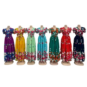 Retro Waist Cinching Slim Fit Casual Mid Length Women's Lantern Sleeve Printed Pleated Dress